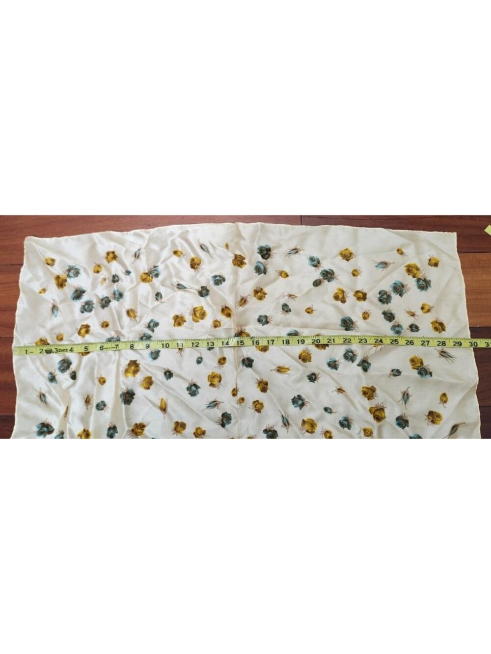 Vintage Floral Silk Scarf Square Cream Blue Yellow Rose Print Neck Hair Head 30' - Picture 6 of 7